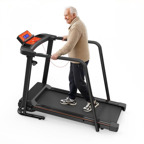 OBENSKY Walking Treadmills for Senior for Home with Long Handrail 300 lbs Weight Capacity Foldable Recovery Fitness Exercise Machine 3.0HP Running with Cup Holder With APP