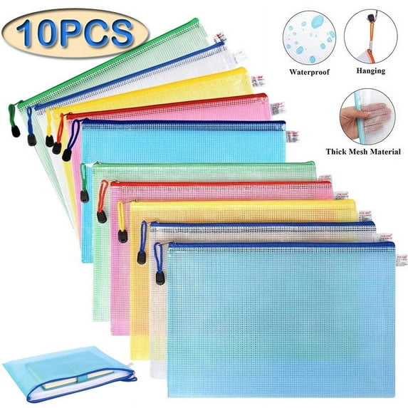 OBOSOE 10 Pieces A4 Mesh Zipper Bags with Labels,5 Color Zipper Bags For Office,Home And Business Travel (Mixed Colors,A4 (13.1 x 9.5 inches))