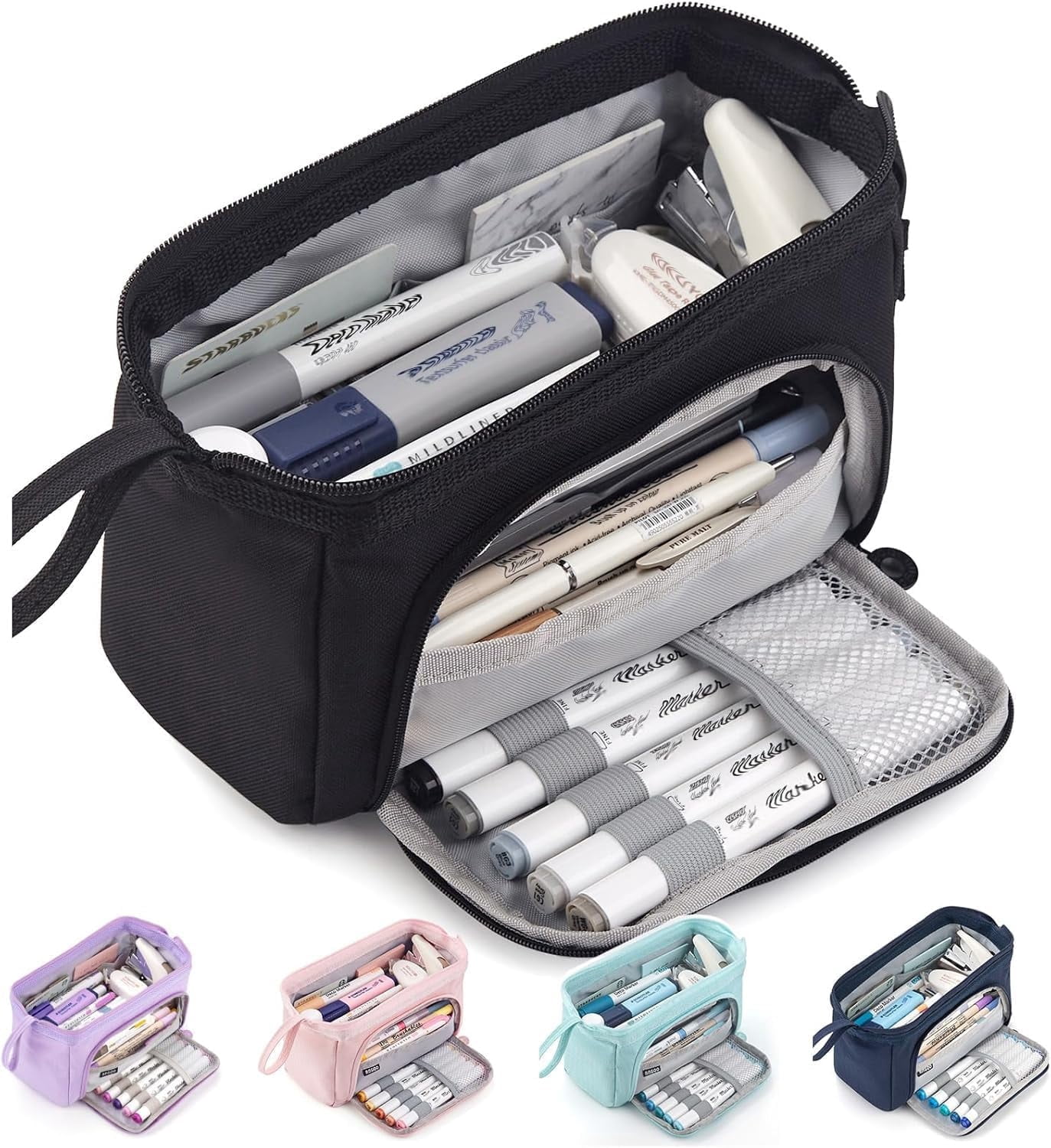 OBOSOE Pencil Case Large Capacity Pencil Pouch Handheld Pen Bag Cosmetic Portable Gift for Office Men Women Adult (Black)