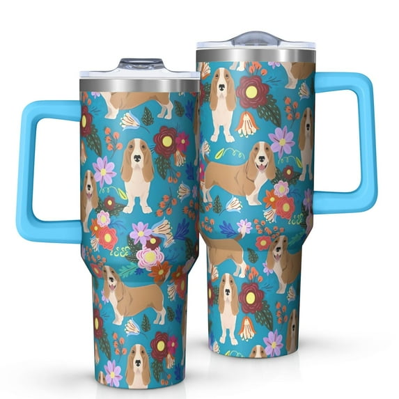 OBREWU Basset Hound Dog and Flower Tumbler with Handle and Lid,Basset Hound Dog and Flower 40oz Double Wall Vacuum Insulated Tumbler,Cups Gift for Women and Men