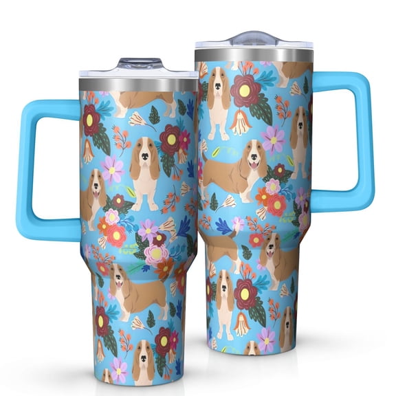 OBREWU Basset Hound Dog and Flower Tumbler with Handle and Lid,Basset Hound Dog and Flower 40oz Double Wall Vacuum Insulated Tumbler,Cups Gift for Women and Men