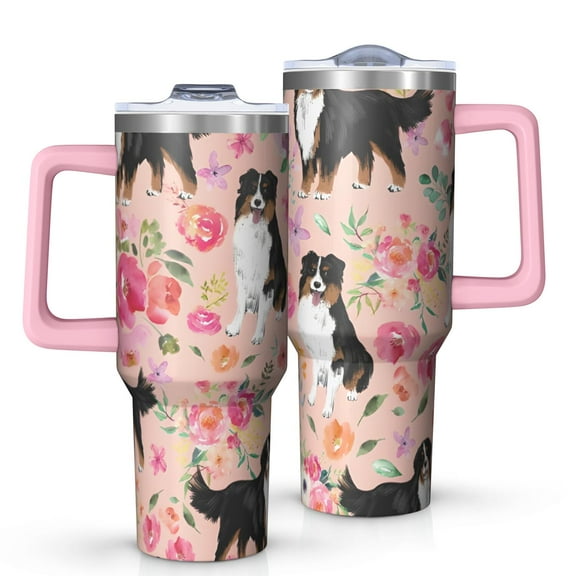 OBREWU Bernese Mountain Dogs with Flowers Tumbler with Handle and Lid,Bernese Mountain Dogs with Flowers 40oz Double Wall Vacuum Insulated Tumbler,Cups Gift for Women and Men