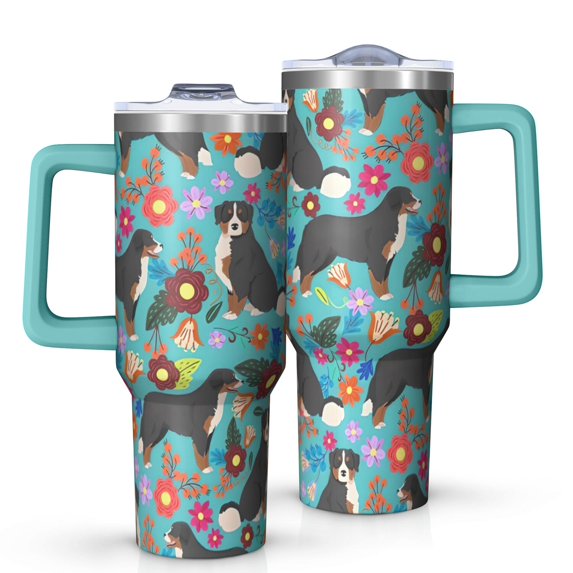 OBREWU Bernese Mountain and Flower Tumbler with Handle and Lid,Bernese Mountain and Flower 40oz Double Wall Vacuum Insulated Tumbler,Cups Gift for Women and Men