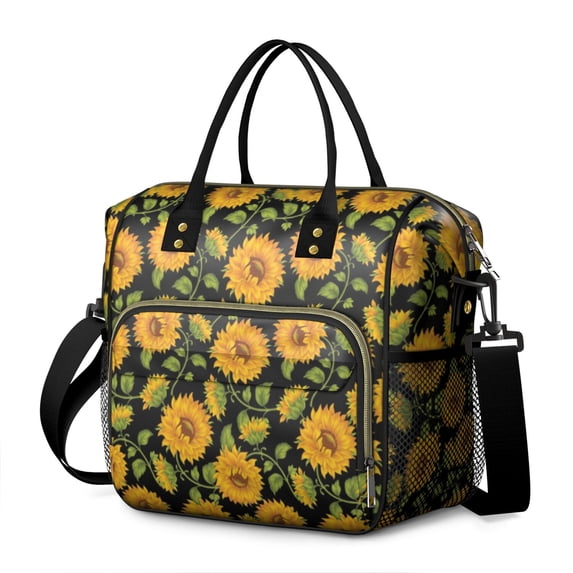 OBREWU Black Sunflower Womens Lunch Box for Work,Insulated Large Black Sunflower Lunch Bag for Women,Loncheras Para Mujer,Leakproof Adult Lunch Bag for Work,Beach,Travel,Picnic,Camping