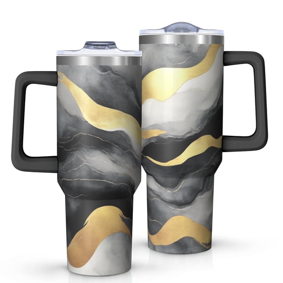 OBREWU Black and Gold Marble Tumbler with Handle and Lid,Black and Gold Marble 40oz Double Wall Vacuum Insulated Tumbler,Cups Gift for Women and Men