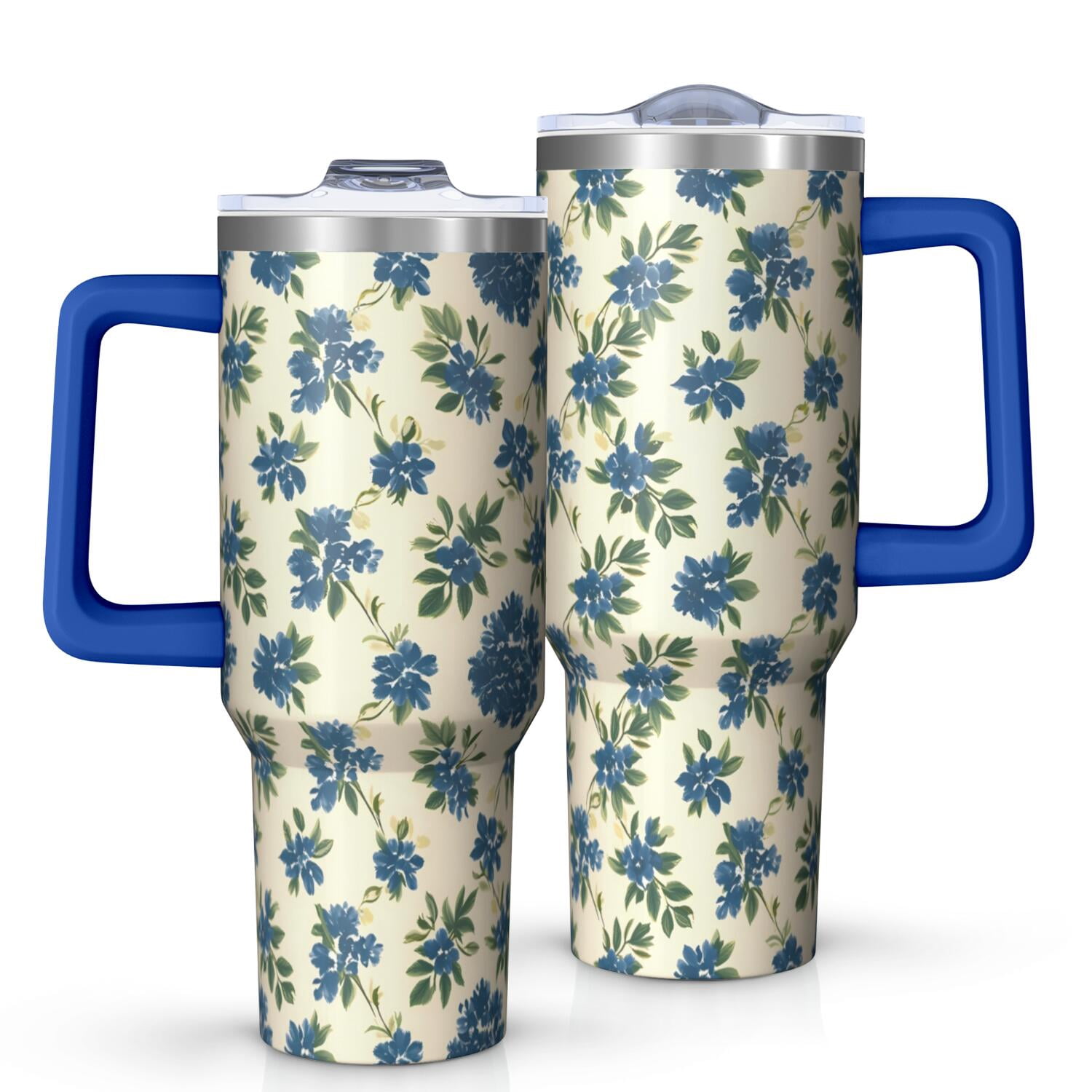 Flower Floral Print Pattern 40oz Tumbler with Handle and Lid, Double Wall Vacuum Insulated Tumbler, Gift Cups for Women and Men