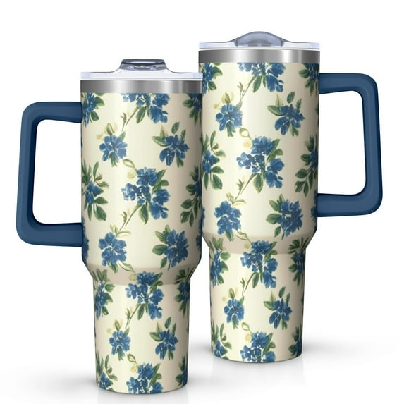 OBREWU Blue Floral Pattern Tumbler with Handle and Lid,Blue Floral Pattern 40oz Double Wall Vacuum Insulated Tumbler,Cups Gift for Women and Men
