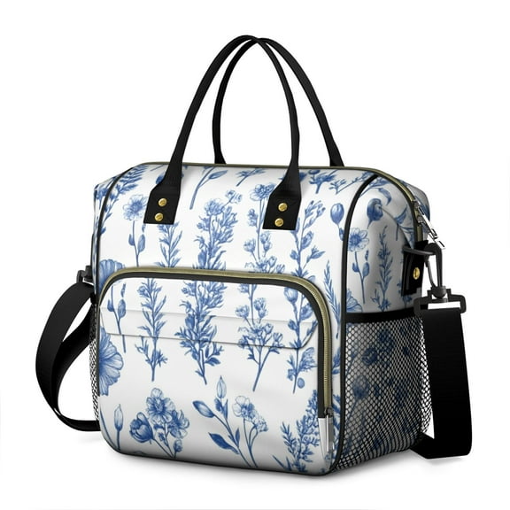 OBREWU Blue Floral Pattern Women's Insulated Leakproof Large Lunch Bag, Oxford Cloth