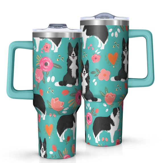 OBREWU Border Collie Dog and Flower Florals Tumbler with Handle and Lid,Border Collie Dog and Flower Florals 40oz Double Wall Vacuum Insulated Tumbler,Cups Gift for Women and Men