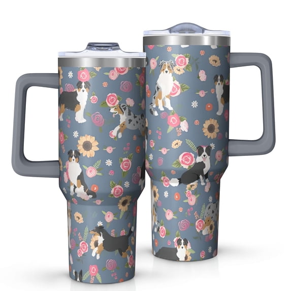 OBREWU Border Collie Dog and Flower Florals Tumbler with Handle and Lid,Border Collie Dog and Flower Florals 40oz Double Wall Vacuum Insulated Tumbler,Cups Gift for Women and Men