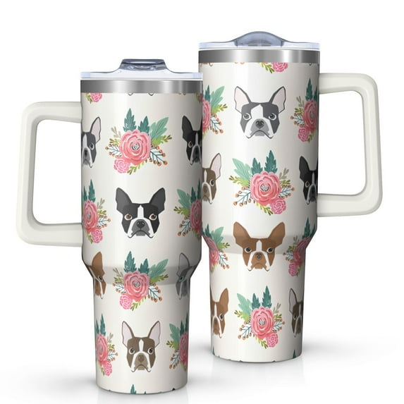 OBREWU Boston Terrier Dog and Flower Florals Tumbler with Handle and Lid,Boston Terrier Dog and Flower Florals 40oz Double Wall Vacuum Insulated Tumbler,Cups Gift for Women and Men
