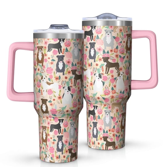 OBREWU Boston Terrier Dog and Flower Florals Tumbler with Handle and Lid,Boston Terrier Dog and Flower Florals 40oz Double Wall Vacuum Insulated Tumbler,Cups Gift for Women and Men