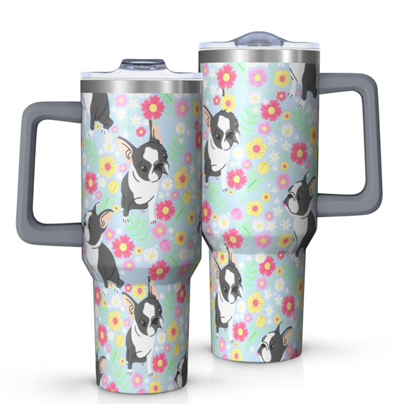 OBREWU Boston Terriers and Flowers Tumbler with Handle and Lid,Boston Terriers and Flowers 40oz Double Wall Vacuum Insulated Tumbler,Cups Gift for Women and Men