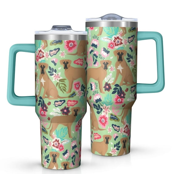 OBREWU Boxer Dog and Flower Florals Tumbler with Handle and Lid,Boxer Dog and Flower Florals 40oz Double Wall Vacuum Insulated Tumbler,Cups Gift for Women and Men