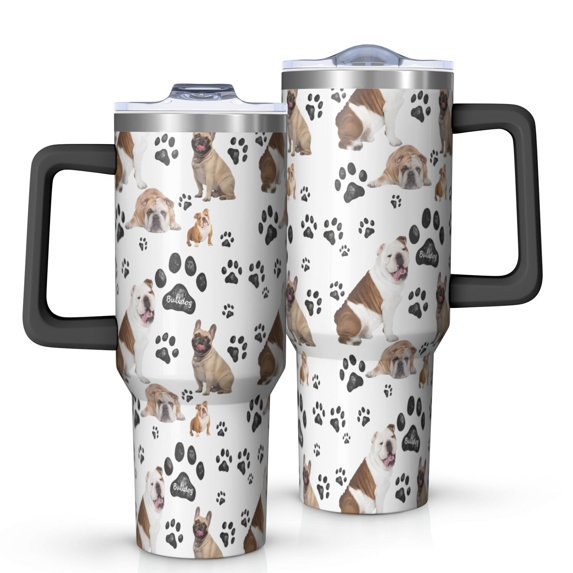 OBREWU Bulldog Dog and Footprints Tumbler with Handle and Lid,Bulldog Dog and Footprints 40oz Double Wall Vacuum Insulated Tumbler,Cups Gift for Women and Men