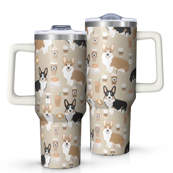 OBREWU Cartoon Corgi and Coffee Tumbler with Handle and Lid,Cartoon Corgi and Coffee 40oz Double Wall Vacuum Insulated Tumbler,Cups Gift for Women and Men