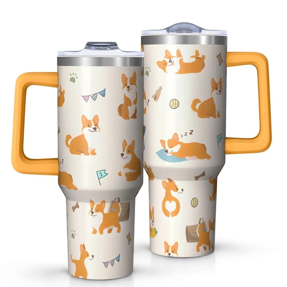 OBREWU Cartoon Corgi Tumbler with Handle and Lid,Cartoon Corgi 40oz Double Wall Vacuum Insulated Tumbler,Cups Gift for Women and Men