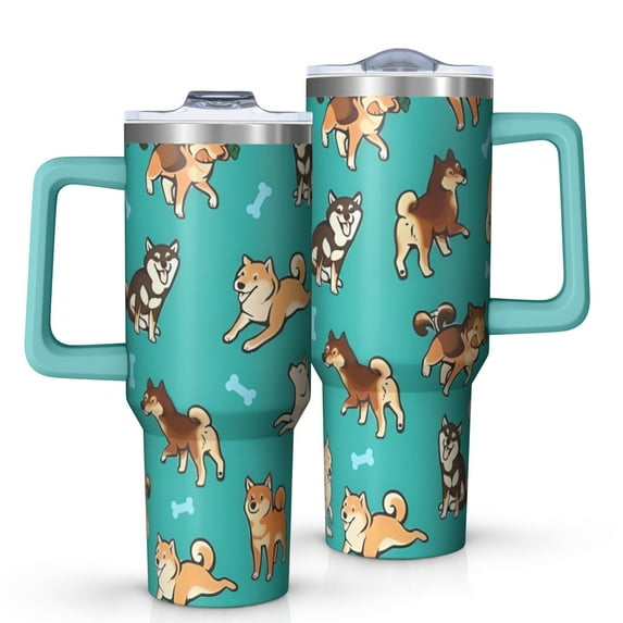 OBREWU Cartoon Shiba Inu Dog Tumbler with Handle and Lid,Cartoon Shiba Inu Dog 40oz Double Wall Vacuum Insulated Tumbler,Cups Gift for Women and Men