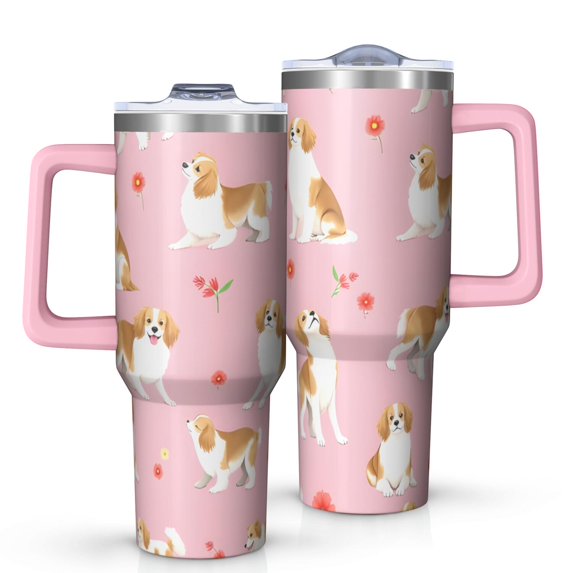 OBREWU Cavalier King Charles Spaniels and Flowers Tumbler with Handle and Lid,Cavalier King Charles Spaniels and Flowers 40oz Double Wall Vacuum Insulated Tumbler,Cups Gift for Women and Men