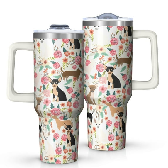 OBREWU Chihuahua and Flower Tumbler with Handle and Lid,Chihuahua and Flower 40oz Double Wall Vacuum Insulated Tumbler,Cups Gift for Women and Men