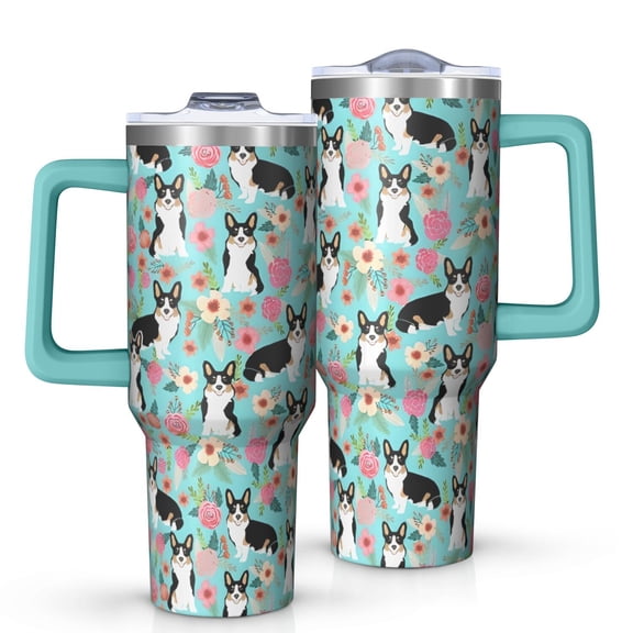 OBREWU Corgi Dog and Flowers Tumbler with Handle and Lid,Corgi Dog and Flowers 40oz Double Wall Vacuum Insulated Tumbler,Cups Gift for Women and Men