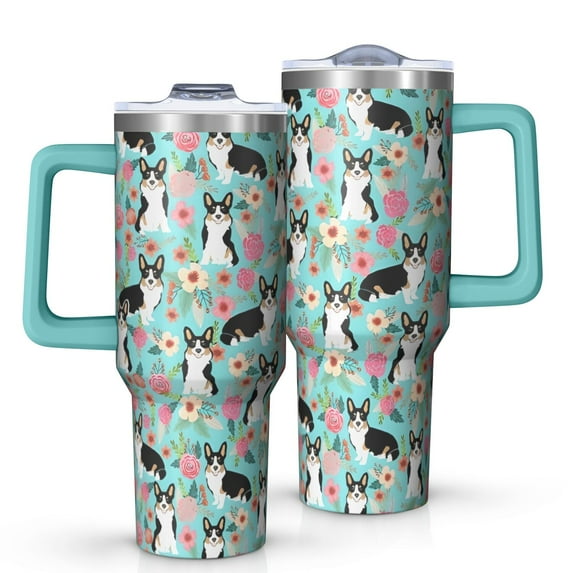 OBREWU Corgi Dog and Flowers Tumbler with Handle and Lid,Corgi Dog and Flowers 40oz Double Wall Vacuum Insulated Tumbler,Cups Gift for Women and Men