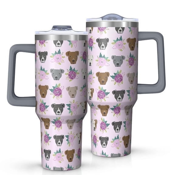 OBREWU Cute Pitbull Terriers Dog and Flower Tumbler with Handle and Lid,Cute Pitbull Terriers Dog and Flower 40oz Double Wall Vacuum Insulated Tumbler,Cups Gift for Women and Men