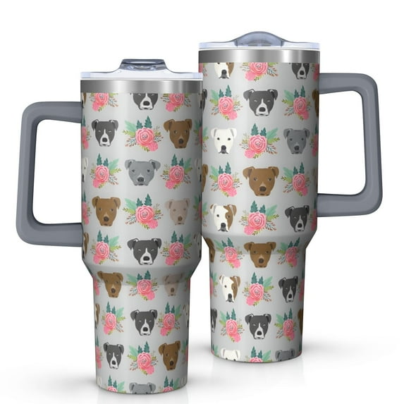 OBREWU Cute Pitbull Terriers Dog and Flower Tumbler with Handle and Lid,Cute Pitbull Terriers Dog and Flower 40oz Double Wall Vacuum Insulated Tumbler,Cups Gift for Women and Men