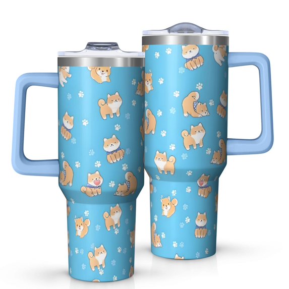 OBREWU Cute Shiba Inu Tumbler with Handle and Lid,Cute Shiba Inu 40oz Double Wall Vacuum Insulated Tumbler,Cups Gift for Women and Men