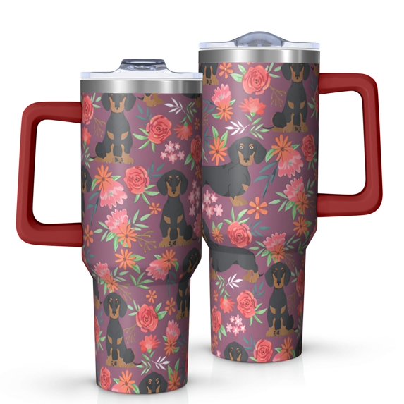 OBREWU Dachshund Dog and Flower Floral Tumbler with Handle and Lid,Dachshund Dog and Flower Floral 40oz Double Wall Vacuum Insulated Tumbler,Cups Gift for Women and Men