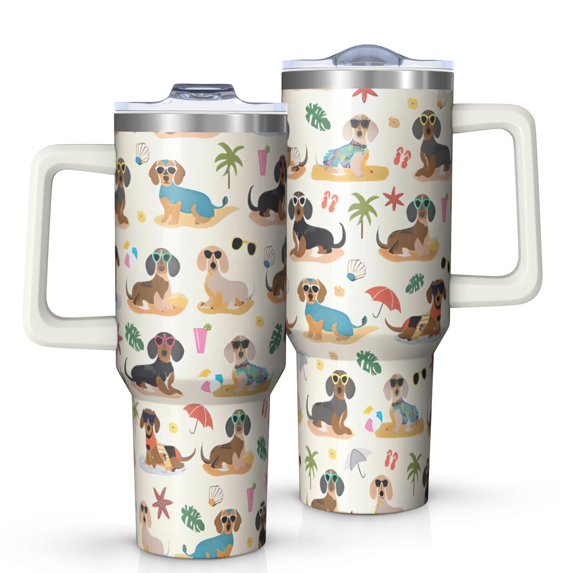 OBREWU Dachshunds on the Beach Tumbler with Handle and Lid,Dachshunds on the Beach 40oz Double Wall Vacuum Insulated Tumbler,Cups Gift for Women and Men