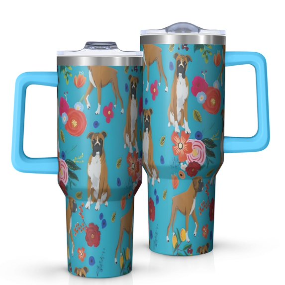 OBREWU Dogs with Flowers Tumbler with Handle and Lid,Dogs with Flowers 40oz Double Wall Vacuum Insulated Tumbler,Cups Gift for Women and Men
