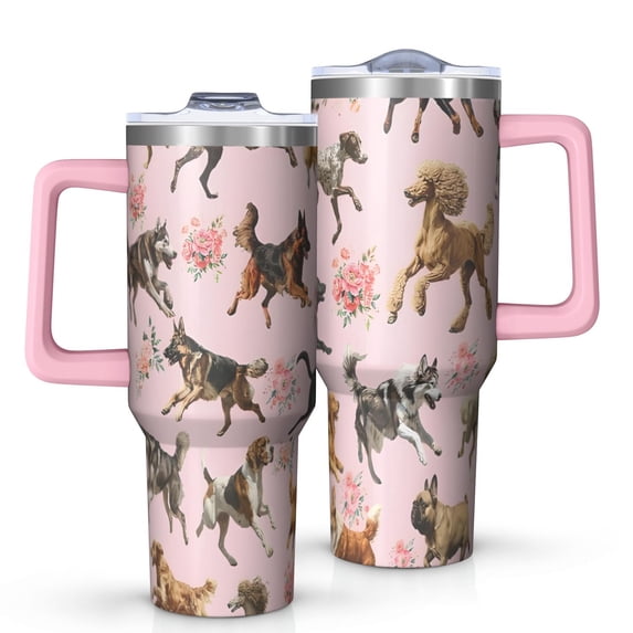 OBREWU Dogs with Flowers Tumbler with Handle and Lid,Dogs with Flowers 40oz Double Wall Vacuum Insulated Tumbler,Cups Gift for Women and Men