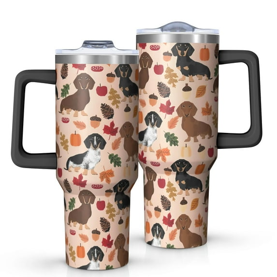 OBREWU Fall Dachshund and Pumpkin Tumbler with Handle and Lid,Fall Dachshund and Pumpkin 40oz Double Wall Vacuum Insulated Tumbler,Cups Gift for Women and Men