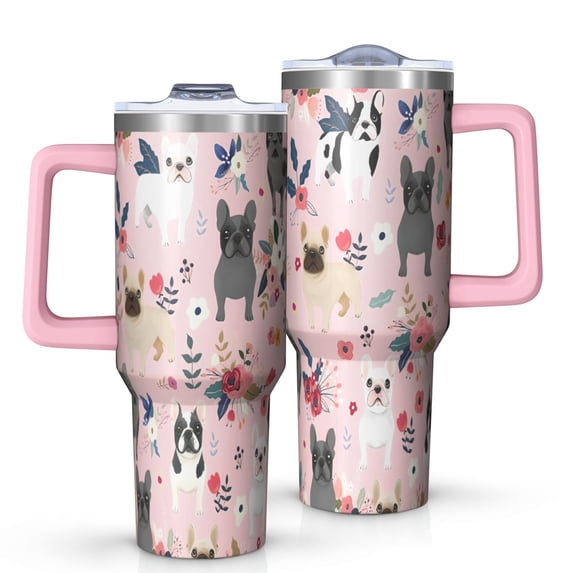OBREWU French Bulldog Dog Pattern with Flowers Tumbler with Handle and Lid,French Bulldog Dog Pattern with Flowers 40oz Double Wall Vacuum Insulated Tumbler,Cups Gift for Women and Men