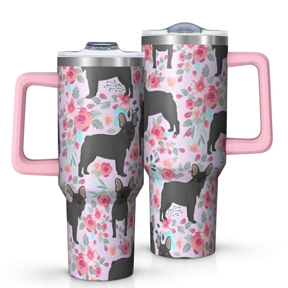 OBREWU French Bulldog and Flower Tumbler with Handle and Lid,French Bulldog and Flower 40oz Double Wall Vacuum Insulated Tumbler,Cups Gift for Women and Men