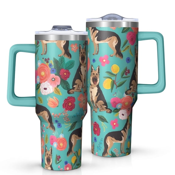 OBREWU German Shepherd Dog and Flower Tumbler with Handle and Lid,German Shepherd Dog and Flower 40oz Double Wall Vacuum Insulated Tumbler,Cups Gift for Women and Men