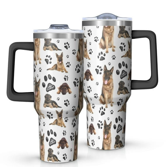 OBREWU German Shepherd Dog and Footprint Tumbler with Handle and Lid,German Shepherd Dog and Footprint 40oz Double Wall Vacuum Insulated Tumbler,Cups Gift for Women and Men