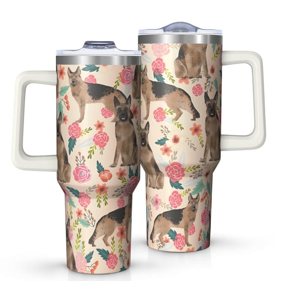 OBREWU German Shepherd with Flowers Tumbler with Handle and Lid,German Shepherd with Flowers 40oz Double Wall Vacuum Insulated Tumbler,Cups Gift for Women and Men