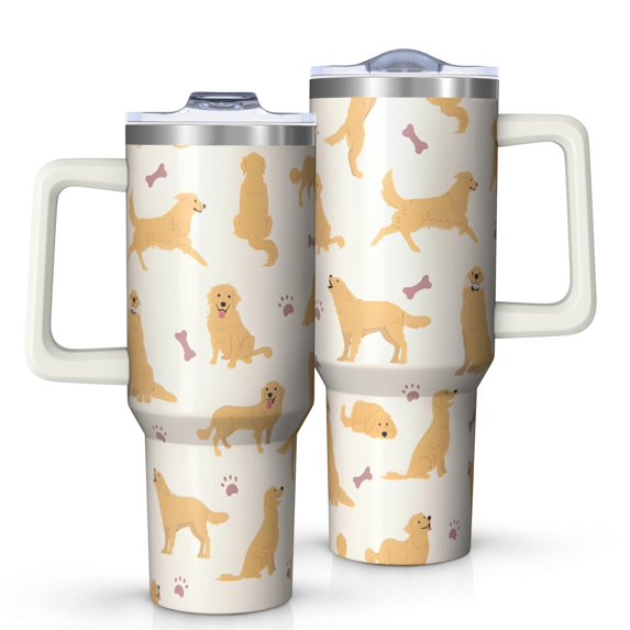 OBREWU Golden Retriever with Bones and Paws Tumbler with Handle and Lid,Golden Retriever with Bones and Paws 40oz Double Wall Vacuum Insulated Tumbler,Cups Gift for Women and Men