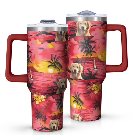 OBREWU Golden Retriever Hawaiian Tumbler with Handle and Lid,Golden Retriever Hawaiian 40oz Double Wall Vacuum Insulated Tumbler,Cups Gift for Women and Men