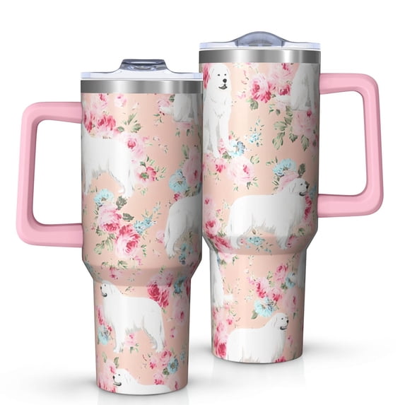 OBREWU Great Pyrenees Dog and Flower Tumbler with Handle and Lid,Great Pyrenees Dog and Flower 40oz Double Wall Vacuum Insulated Tumbler,Cups Gift for Women and Men