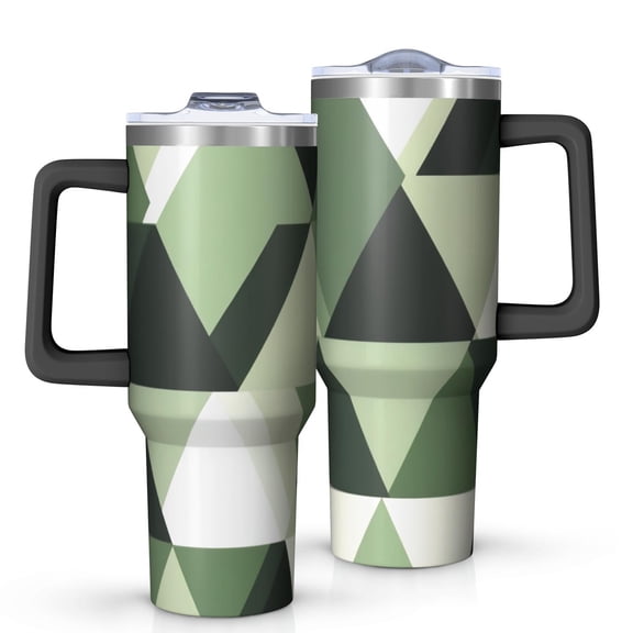 OBREWU Green and Beige Modern Art Geometric Tumbler with Handle and Lid,Green and Beige Modern Art Geometric 40oz Double Wall Vacuum Insulated Tumbler,Cups Gift for Women and Men