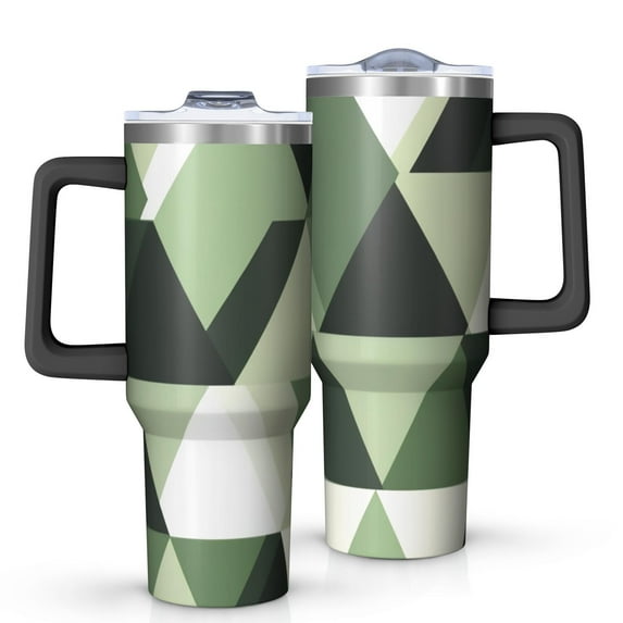 OBREWU Green and Beige Modern Art Geometric Tumbler with Handle and Lid,Green and Beige Modern Art Geometric 40oz Double Wall Vacuum Insulated Tumbler,Cups Gift for Women and Men