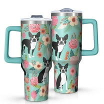 OBREWU Green Boston Terrier and Flower Tumbler with Handle and Lid,Green Boston Terrier and Flower 40oz Double Wall Vacuum Insulated Tumbler,Cups Gift for Women and Men