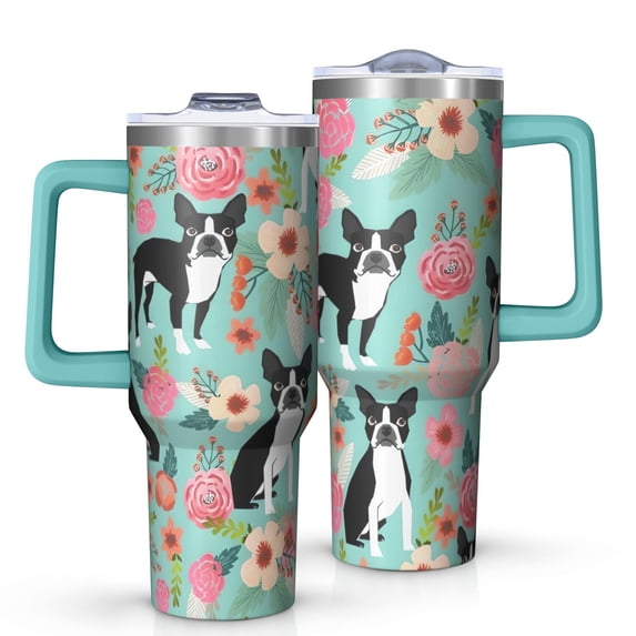 OBREWU Green Boston Terrier and Flower Tumbler with Handle and Lid,Green Boston Terrier and Flower 40oz Double Wall Vacuum Insulated Tumbler,Cups Gift for Women and Men