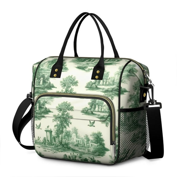 OBREWU Green Toile De Jouy Pattern Women's Insulated Leakproof Large Lunch Bag, Oxford Cloth