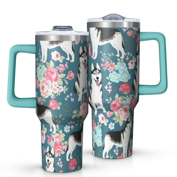 OBREWU Husky Dog Flower Floral Tumbler with Handle and Lid,Husky Dog Flower Floral 40oz Double Wall Vacuum Insulated Tumbler,Cups Gift for Women and Men