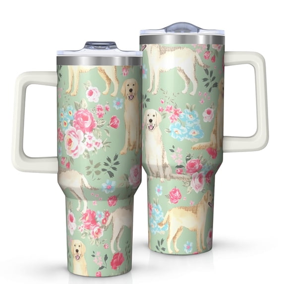 OBREWU Labrador Dog and Flower Floral Tumbler with Handle and Lid,Labrador Dog and Flower Floral 40oz Double Wall Vacuum Insulated Tumbler,Cups Gift for Women and Men