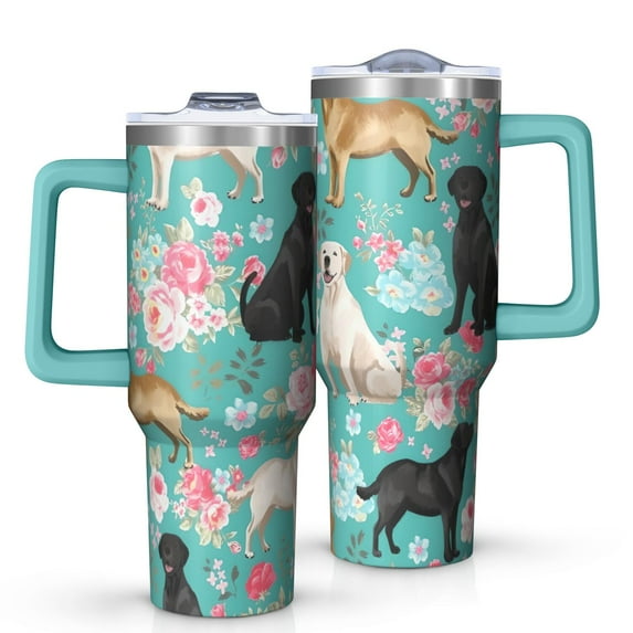 OBREWU Labrador Dogs with Flowers Tumbler with Handle and Lid,Labrador Dogs with Flowers 40oz Double Wall Vacuum Insulated Tumbler,Cups Gift for Women and Men